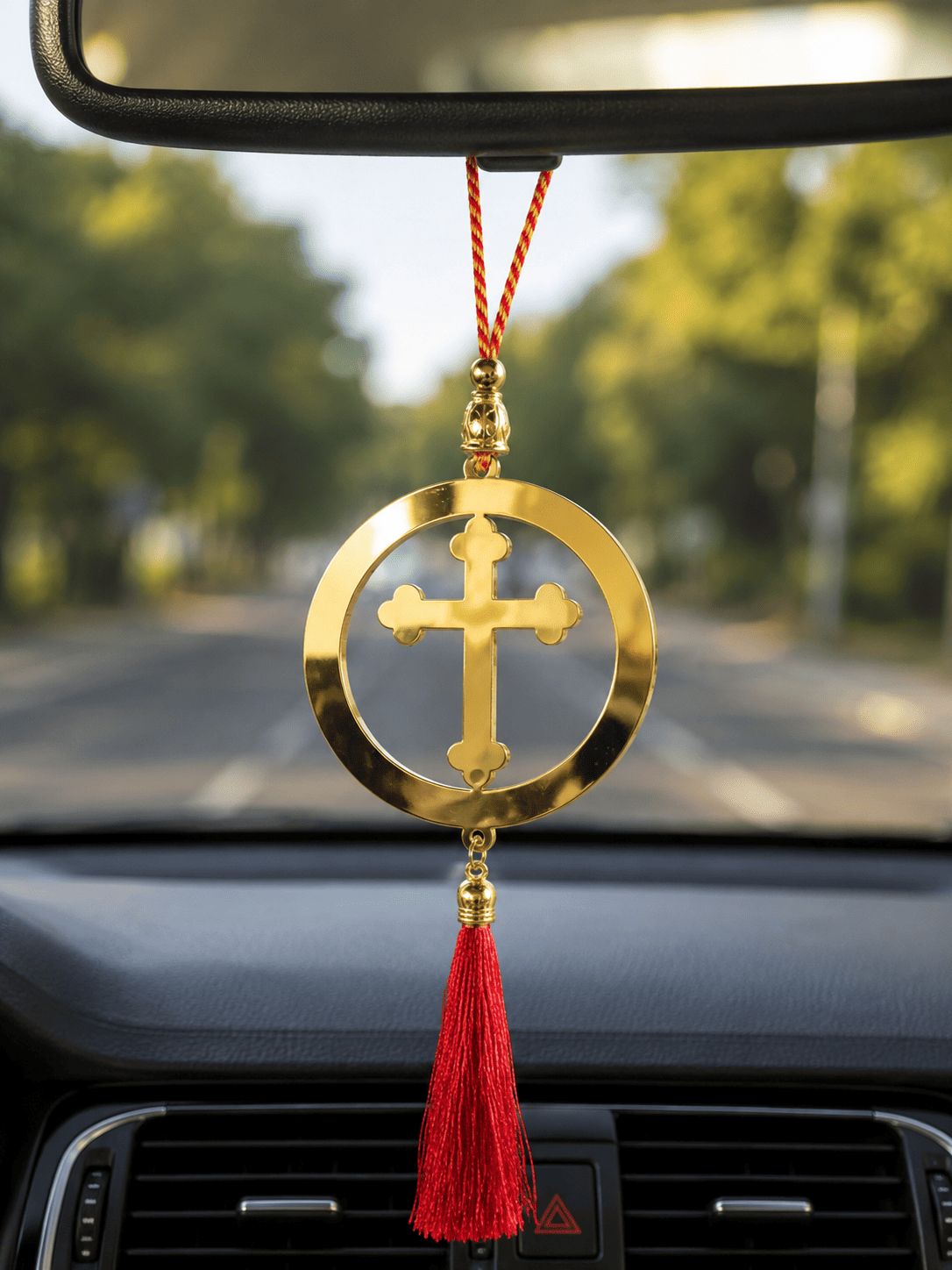 Acrylic Circle Car Hanging with Golden Cross