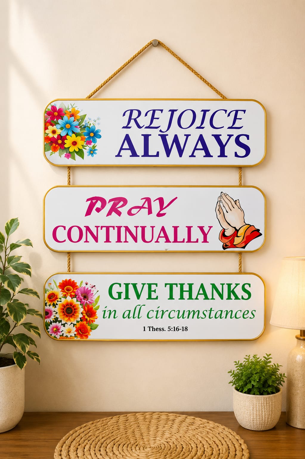Rejoice Always Wooden Wall Hanging – 3-Panel with Golden Border & Golden Rope