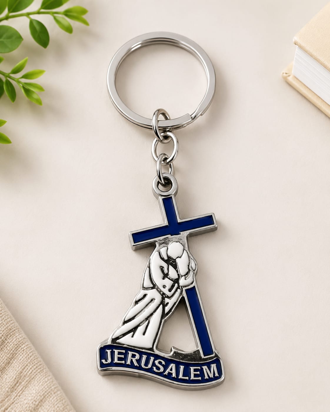 Jerusalem Stainless Steel Keychain with Cross & Unity Hand