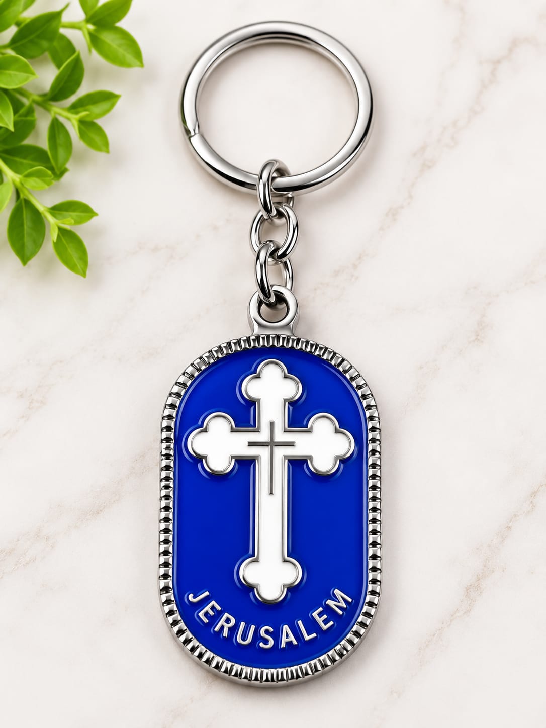 Jerusalem Stainless Steel Keychain with Cross – Silver Finish