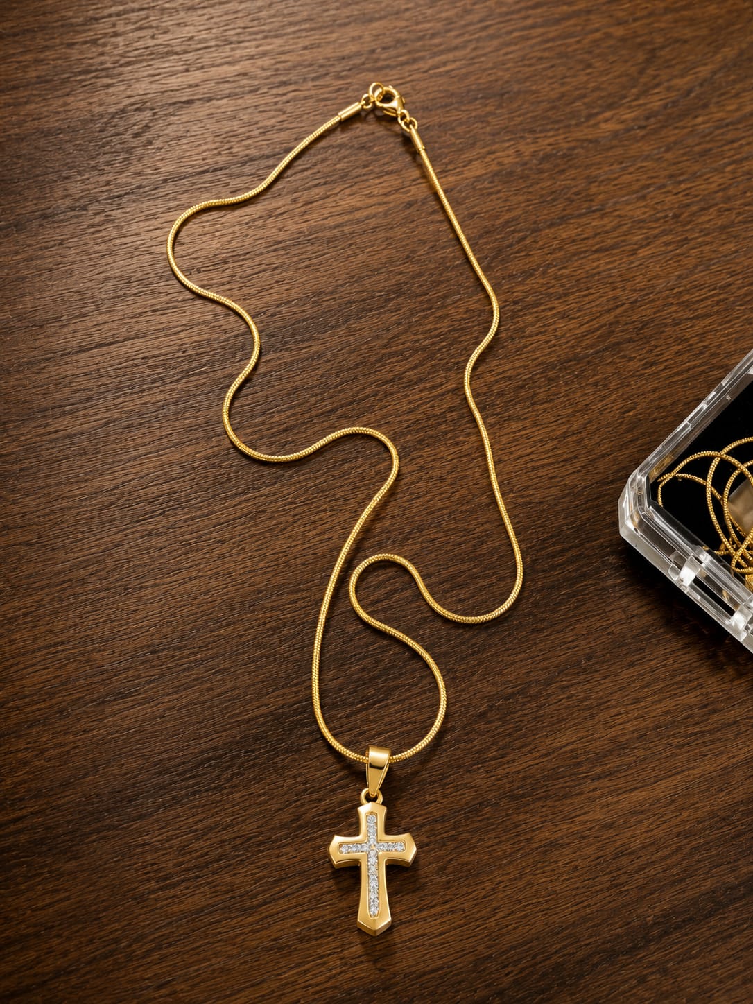  Gold Finish Crystal Cross Pendant Chain