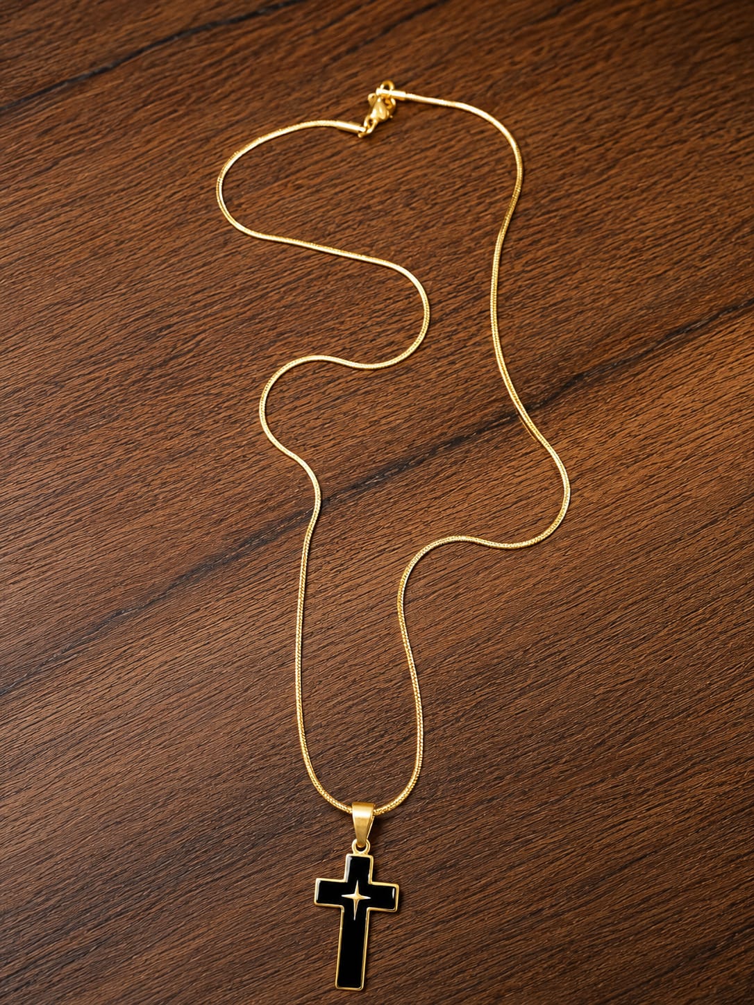  Gold Finish Black Cross Pendant Chain with Star Design